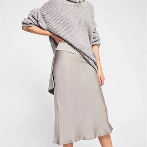 Free People Normani Satin Silver Metallic Effect Midi Skirt Flowy Lightweight 2